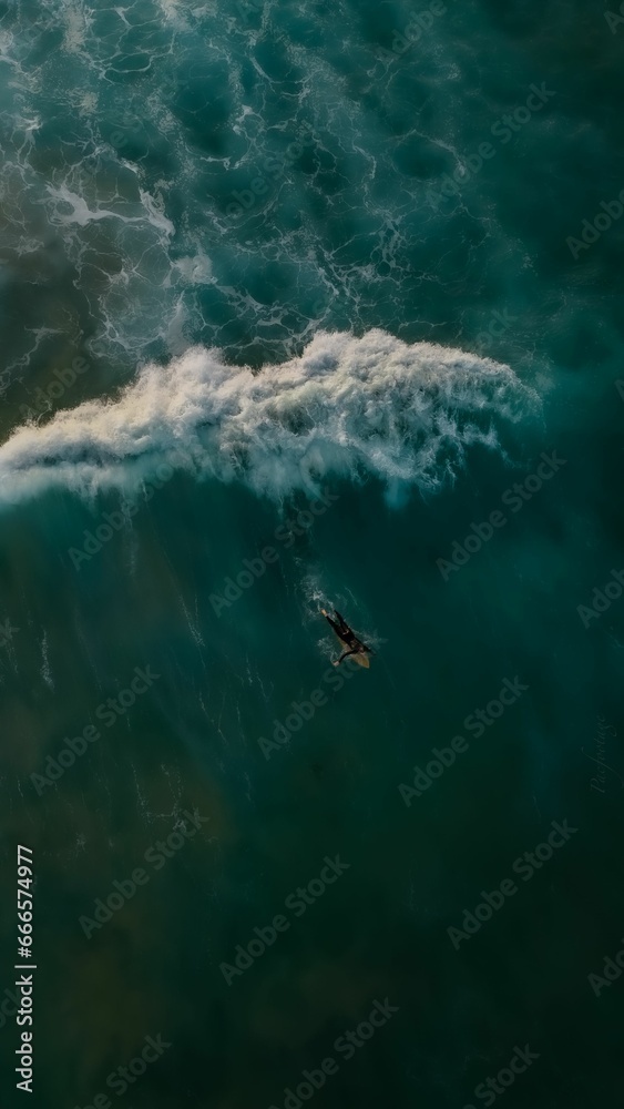 Surfer in a wet suit enjoying the thrill of surfing in the crystal blue waters of the ocean