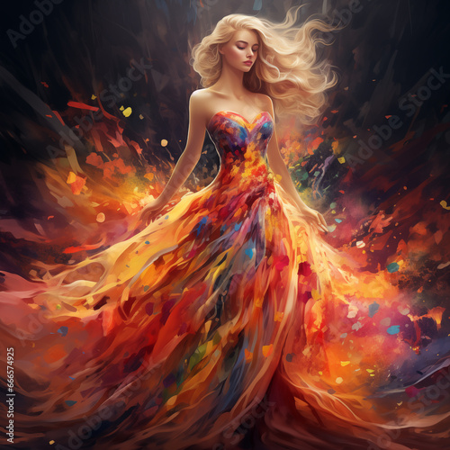 colorfull oil paint dress with blondy girl