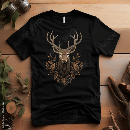 Deer design on black tshirt wood table 