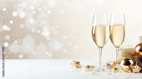 Two glasses of champagne or sparkling wine with shiny gold New Year decorations on a white bar counter. Free space for product placement or advertising text.