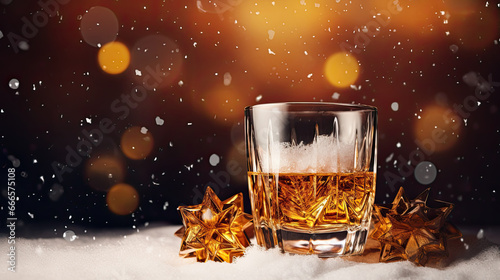 Glass of whiskey or bourbon on a winter snowy background. Free space for product placement or advertising text.