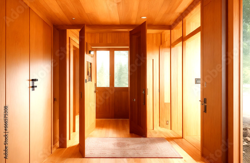 Wooden access and bean cladding bank in rustic hallway. Cozy home autogenous architecture of avant-garde access anteroom with door. © Miraz