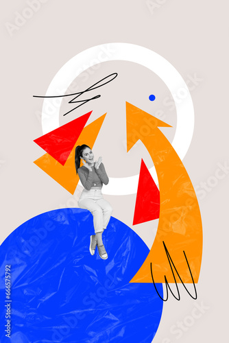 Vertical creative composite illustration photo collage of excited young woman sit on blue circle dreaming isolated on drawing background
