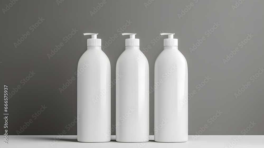 White empty cosmetic liquid dispenser bottles of soap, lotion, shampoo or shower gel in modern bathroom interior mock up White empty cosmetic liquid dispenser bottles of soap, lotion, shampoo or shower gel in modern bathroom interior mock up