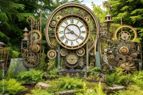 An elaborate garden featuring clocks, gears, and cyclical time patterns. Generative AI