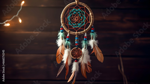 process of creating Dream catcher with feathers threads and beads rope hanging,Generated by AI