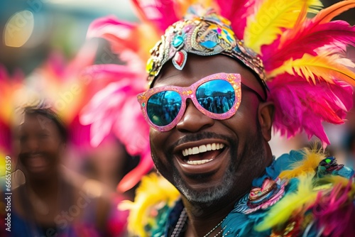 portrait of a energetic man in carnival costume celebrating a cultural street parade