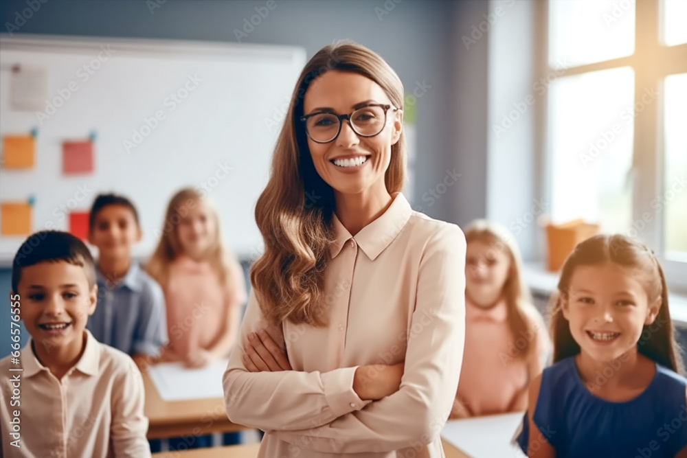 Portrait of a smiling female teacher in an elementary school classroom looking at the camera with students studying in the background Portrait of a smiling female teacher in an elementary school classroom looking at the camera with students studying in the background