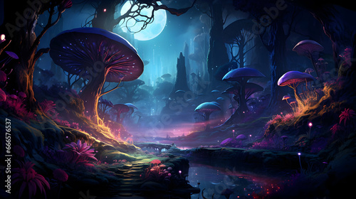 Illustration fantasy of neon forest Glowing colorful look like fairytale,generated Ai. photo