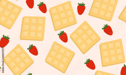 Belgium Waffles pattern. Strawberry elements. Delicious dessert