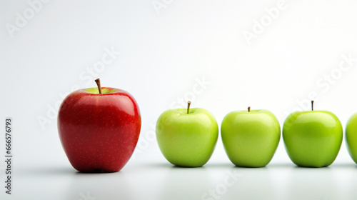 Czerwone jabłko wyróżniające się na tle zielonych jabłek na białym tle