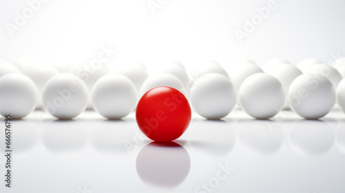 Jedna czerwona kula wyróżniająca się w tłumie białych kul