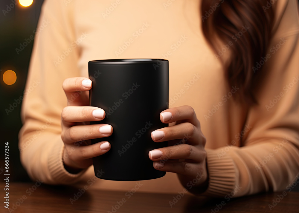 Girl holding black coffee mug. Cup mock up template design. Add logo or text. Generative Ai Girl holding black coffee mug. Cup mock up template design. Add logo or text. Generative Ai
