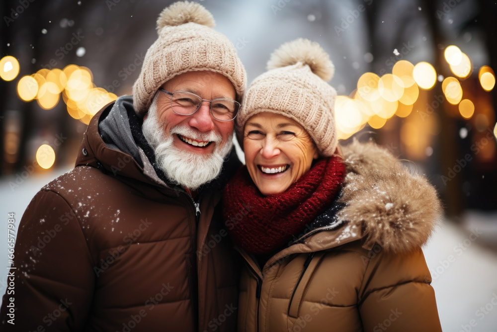 An affectionate elderly couple relishing a wholesome and romantic winter stroll together.