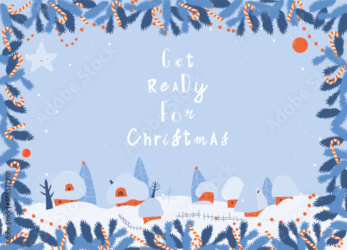 Cartoon Christmas Frame with Winter Village