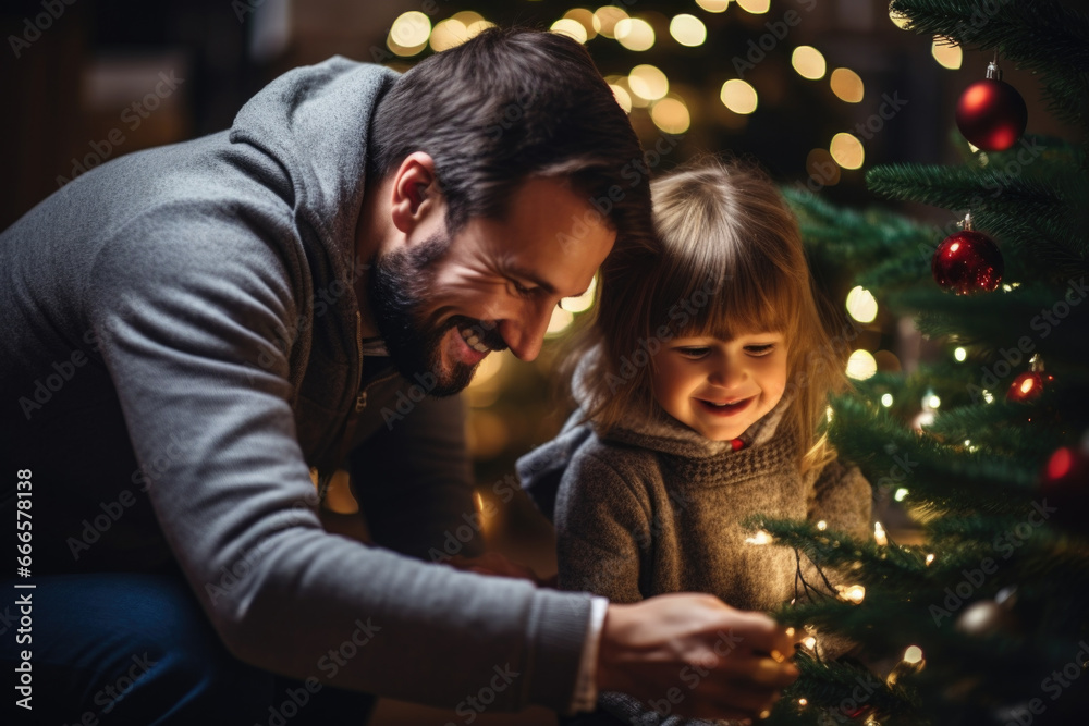 Cheerful father helping his daughter decorate the Christmas tree at home.