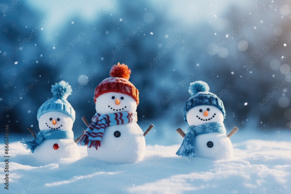 Small knitted snowmen on soft snow on blue background