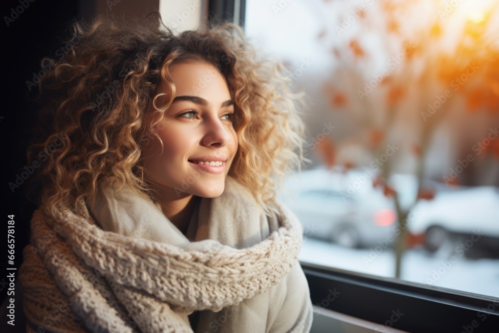 A cheerful young blonde woman by the window on a cold day, reflecting on a mental health day. Their emotions exude happiness and tranquility.