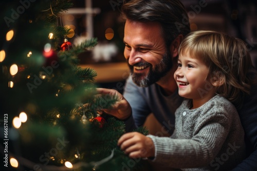 Cheerful father helping his son decorate the Christmas tree at home.