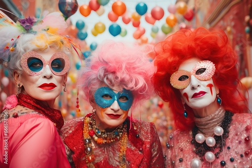 Group of middle aged women enjoying a carnival parade. They are wearing costumes and colorful masks.