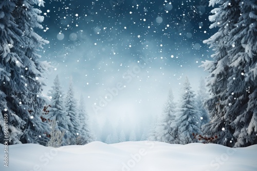 Snowfall in a winter forest  featuring a picturesque landscape with snow-covered fir trees and snowdrifts. 
