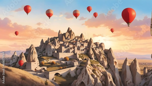 Ancient town of Uchisar castle at sunset with many big balloons photo