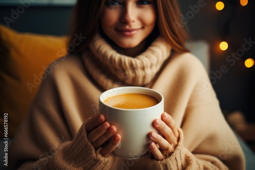 A woman holding a cup of hot drink while relaxing on a plaid blanket at home during winter.