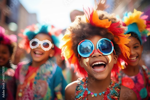 Children in colorful costumes celebrating Carnival together.