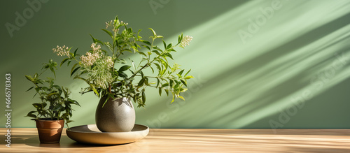 Wooden Table with Vessels in Front of a Green Background with Side Lighting - Generative AI