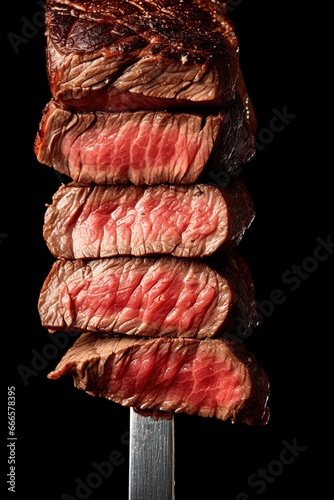 Beef steak on a fork over a black background. Ai Generative