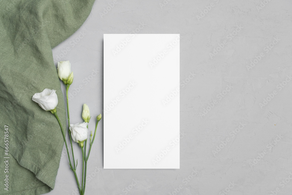 Wedding paper blank menu card mockup with eustoma flowers, mockup with copy space Wedding paper blank menu card mockup with eustoma flowers, mockup with copy space