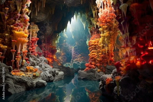 Enchanting cavern adorned with vibrant precious stones. Generative AI