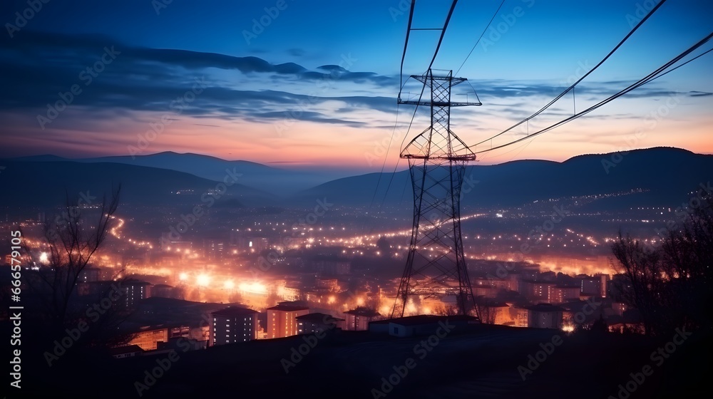 High power electricity poles in urban area. Energy supply, distribution of energy, transmitting energy, energy transmission, high voltage supply concept