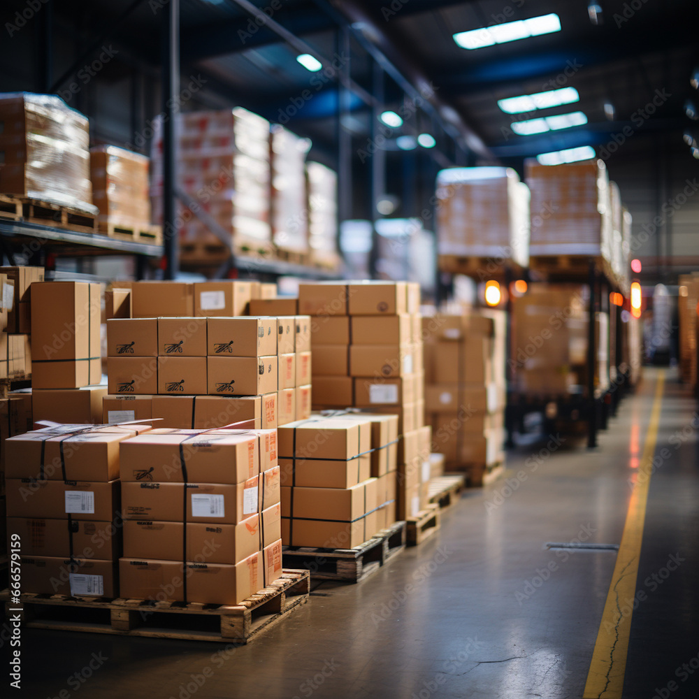 Retail warehouse filled with racks of goods in cardboard boxes with pallets.Product distribution center Retail warehouse filled with racks of goods in cardboard boxes with pallets.Product distribution center