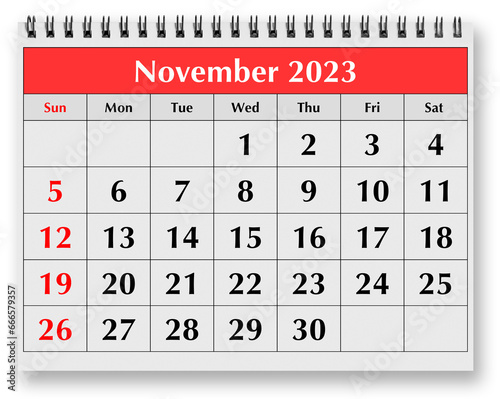 Page of the annual monthly calendar - November 2023