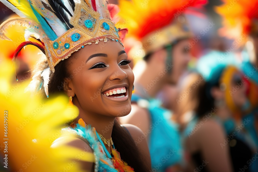 Portrait of a beautiful black woman in colorful costume, celebrating Carnival in the street. - obrazy, fototapety, plakaty 