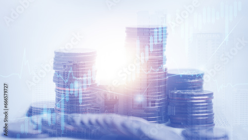 Double exposure of coins and city background for finance and banking concept. investment, valuable asset to gain wealth profit, asset management.