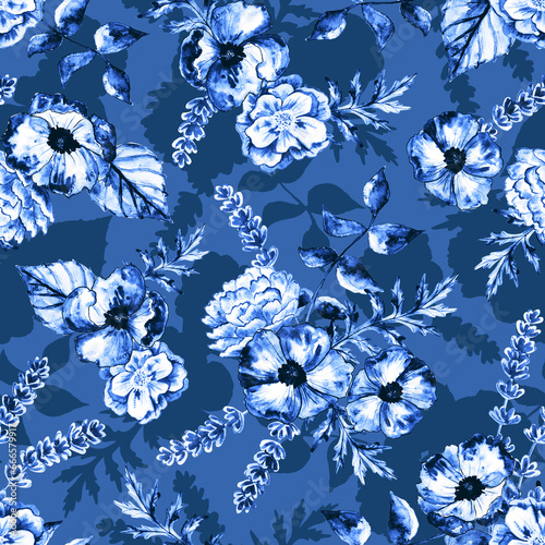 Romantic floral seamless pattern with watercolor motifs. Pretty luxury textured background with flowers and leaves. Repeated botanical design for print, fabric, textile.
