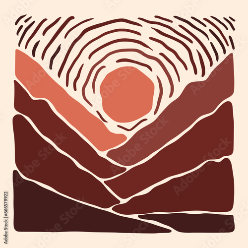 Abstract sun with lanscape panorama posters. Organic doodle shapes matisse style, naive art, contemporary backgrounds. beach and mountains vector illustration
