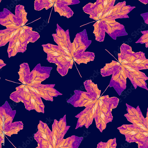 Seamless pattern with fall maple leaves. Watercolor autumn background. Natural botanical texture for design, print, stationary.