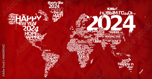 Bonne Année 2024 nuage de mots tag cloud happy new year texte voeux jour de l'an carte du monde