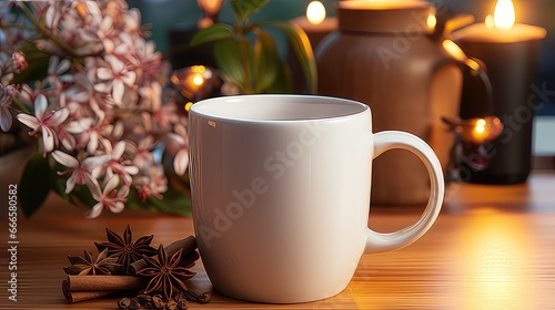 A blank white 15oz coffee mug mockup in a bar.