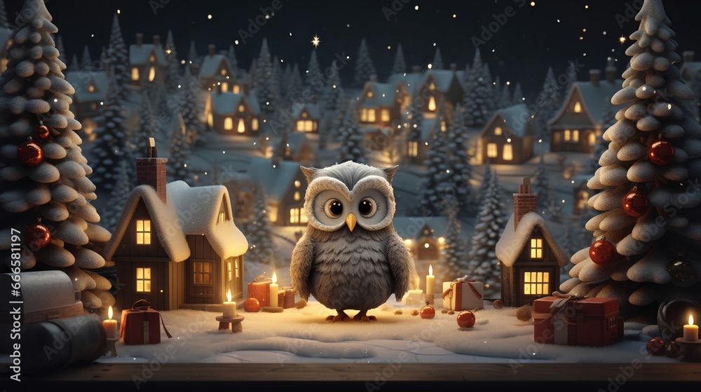 Fototapeta premium Funny Christmas owl, adorned with festive ornaments and winter themed decorations. The owl is illustrated with a playful, holiday inspired design, featuring traditional snowed Christmas elements.