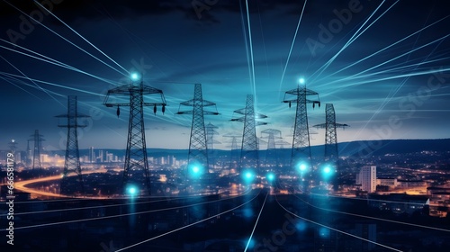 High power electricity poles in urban area connected to smart grid. Energy supply, distribution of energy, transmitting energy, energy transmission, high voltage supply concept photo