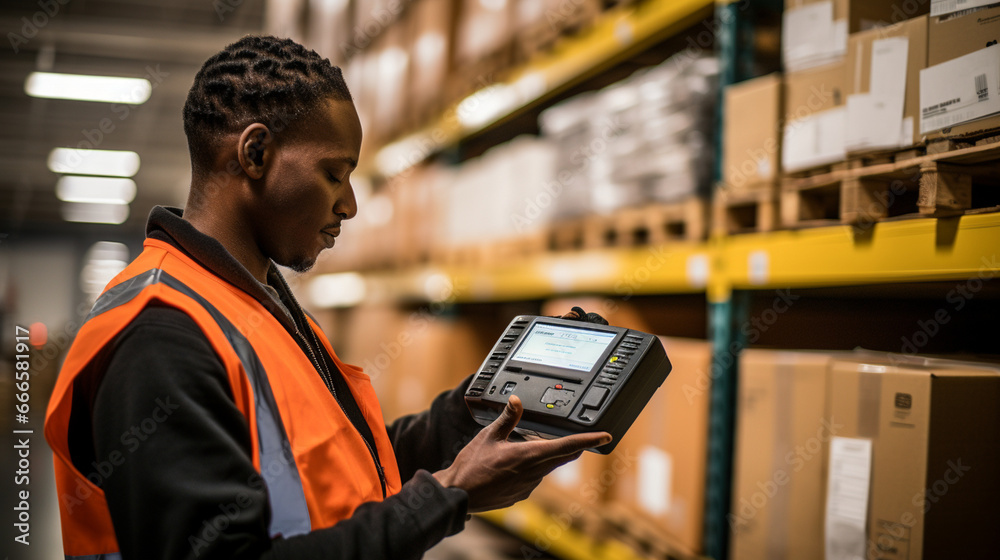 A worker using a handheld scanner to confirm the contents and quantities of boxes on a pallet before shipping from a distribution center.  - obrazy, fototapety, plakaty 