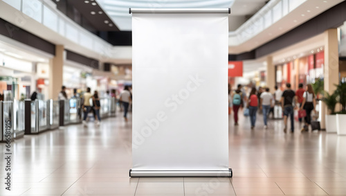 blank roll up banner mockup stand on public place