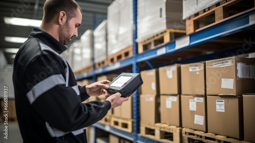A worker using a handheld scanner to confirm the contents and quantities of boxes on a pallet before shipping from a distribution center. 
