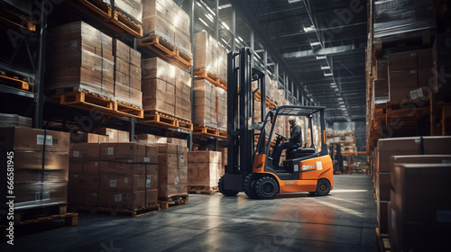 A forklift driver expertly navigating a narrow aisle between pallets stacked with boxes, illustrating the precision required in tight warehouse spaces. 