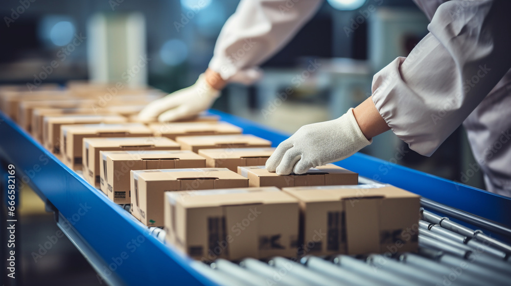 Hands of a factory employee sealing boxes on a conveyor belt, emphasizing quality control in the packaging process. Hands of a factory employee sealing boxes on a conveyor belt, emphasizing quality control in the packaging process.