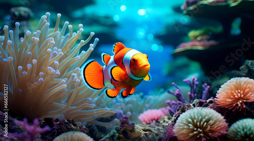 Bright orange fish near yellow plants. Blue water background. Fish has white stripes. Beautiful underwater world © weerasak